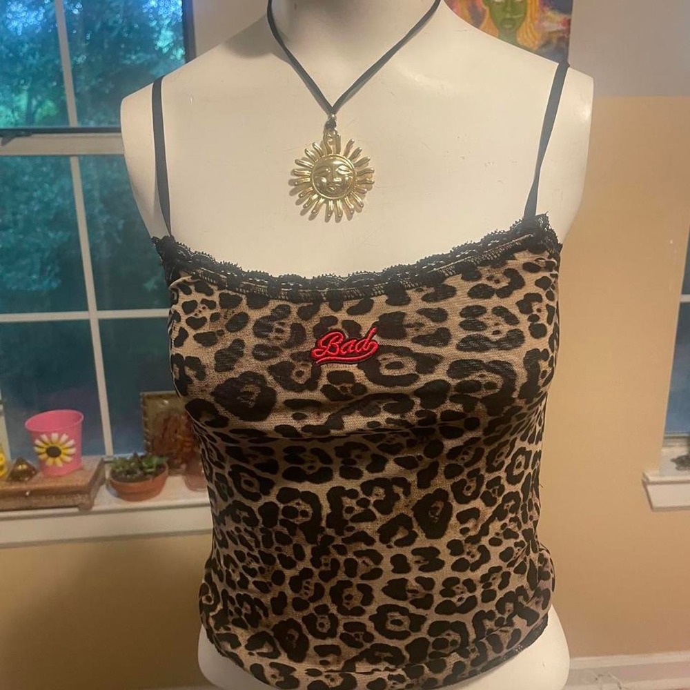 Leopard print tank top with lace trim and red 'Bad' logo, size XS' grunge sexy